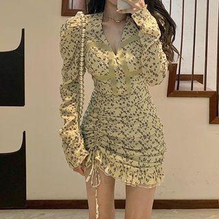 Long-sleeve Floral Drawstring Mini Bodycon Dress