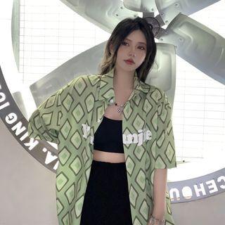 Elbow-sleeve Lettering Geometric Shirt