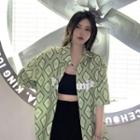 Elbow-sleeve Lettering Geometric Shirt