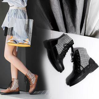 Glen Plaid Panel Lace-up Short Boots