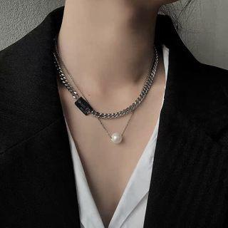 Faux Pearl Layered Chain Necklace Silver - One Size