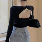 Long-sleeve Cutout Frill Trim Top Black - One Size