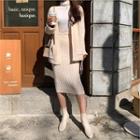 Set: Open-front Ribbed Cardigan + Band-waist Midi Skirt Beige - One Size