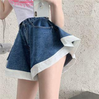 Contrast Trim Denim Wide-leg Shorts
