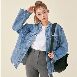 Mandarin-collar Buttoned Distressed Denim Jacket