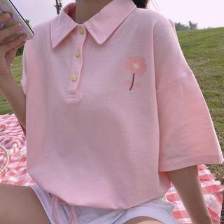 Short-sleeve Collar Flower Print T-shirt