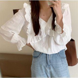 Ruffle Long-sleeve Shirt White - One Size