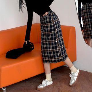 Plaid Midi Straight Fit Skirt Blue - One Size