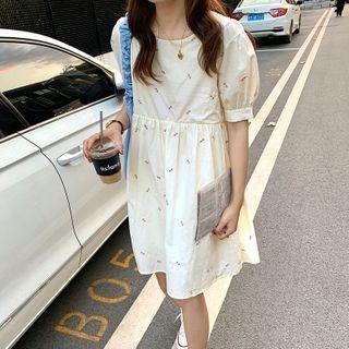 Floral Print Puff-sleeve Mini A-line Dress Light Yellow - One Size