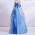 Strapless Flower Accent Ruffle Mesh A-line Wedding Gown