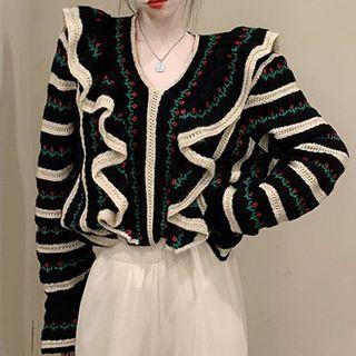 Long-sleeve V-neck Ruffled Knit Top Black - One Size
