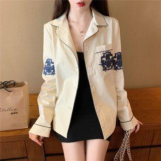 Badge Embroidery Shirt Jacket Beige - One Size