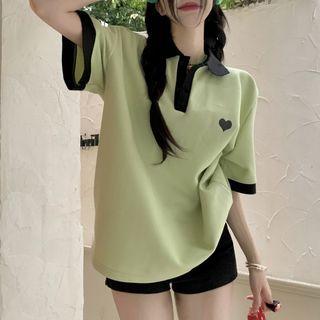 Short-sleeve Lapel Contrast Trim T-shirt Green - One Size