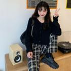 Plain Long-sleeve Top / Plaid Loose-fit Pants