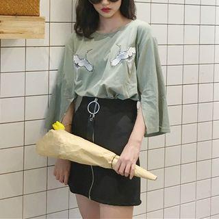 Crane Embroidered Elbow-sleeve T-shirt