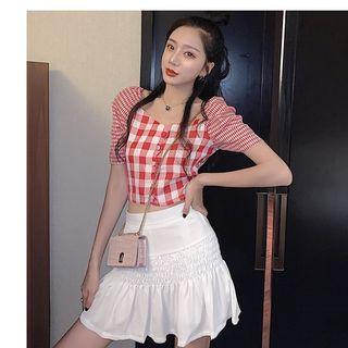 Checked Short-sleeve Blouse / Mini A-line Skirt