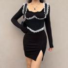 Lace Trim Corset Top / Long-sleeve Side-slit Mini Sheath Dress / Set
