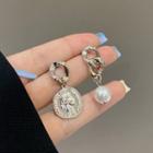 Embossed Faux Pearl Asymmetrical Alloy Dangle Earring 1 Pair - Silver & White - One Size