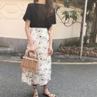 Plain Short-sleeve T-shirt / Flower Print Midi Skirt