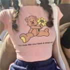 Short-sleeve Cartoon Printed Cropped T-shirt Pink - One Size