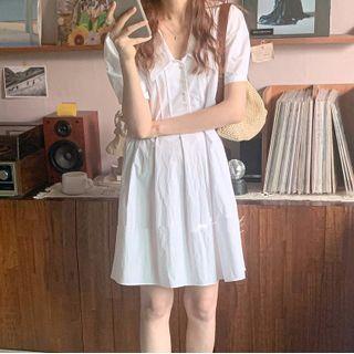 Short Sleeve Plain Pleated Mini Shirtdress
