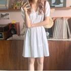Short Sleeve Plain Pleated Mini Shirtdress