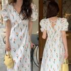 Puff-sleeve V-neck Flower Print A-line Midi Dress