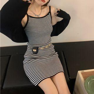 Set: Plain Cardigan + Spaghetti Strap Striped Mini Sheath Dress Set Of 2 - Cardigan & Spaghetti Strap Dress - Black & Stripes - Black & White - One Size