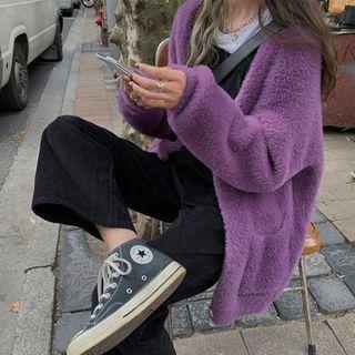 Plain V-neck Furry Cardigan Purple - One Size