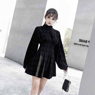 Plaid Balloon-sleeve A-line Mini Dress
