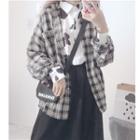Plaid Button Jacket / Cow Print Shirt / Midi A-line Skirt