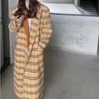 Notch Lapel Open-front Plaid Midi Coat Khaki - One Size