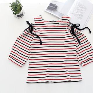 Striped Cut Out Shoulder 3/4 Sleeve Top