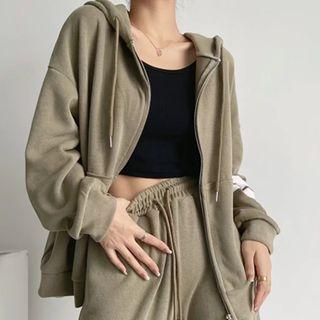 Long Sleeve Plain Loose-fit Zip-up Hoodie