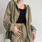 Long Sleeve Plain Loose-fit Zip-up Hoodie