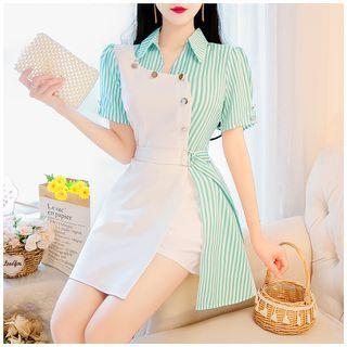 Set: Short-sleeve Mock Two Piece Striped Mini A-line Dress + Shorts