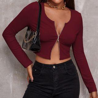 Long Sleeve Zip Front Crop Knit Cardigan