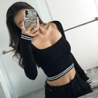 Striped Long-sleeve Slim-fit Cropped Top Black - One Size