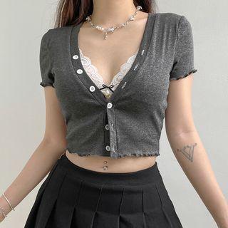 Short-sleeve Lettuce Edge Mock Two-piece Crop Top