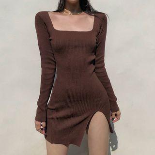Long-sleeve Square-neck Knit Slit Dress