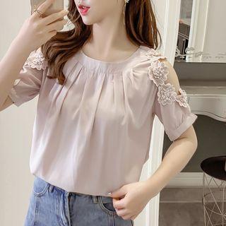 Short-sleeve Cold Shoulder Floral Trim Chiffon Top