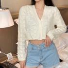 V-neck Eyelet Knit Cropped Cardigan As Shown In Figure - One Size