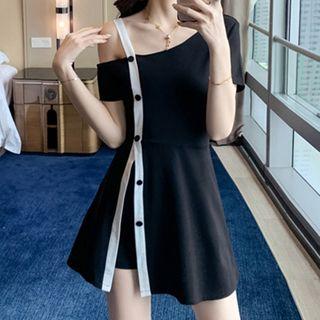 Set: Contrast Trim Cold-shoulder Mini A-line Dress + Shorts