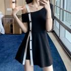 Set: Contrast Trim Cold-shoulder Mini A-line Dress + Shorts