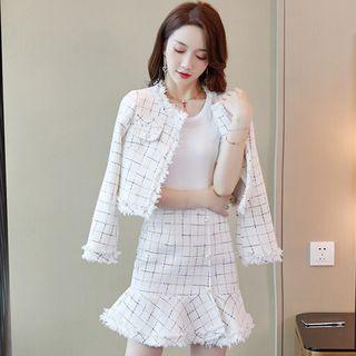 Set: Open-front Tweed Jacket + Ruffle Hem Mini Tweed Pencil Skirt