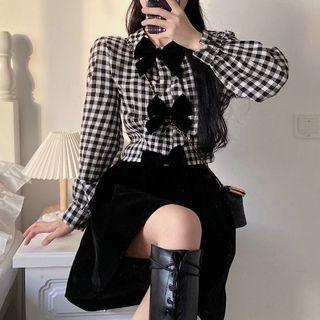 Bow Gingham Blouse / Mini Skirt