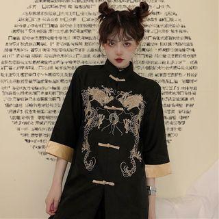 Embroidered 3/4-sleeve Traditional Chinese Shirt As Shown In Figure - One Size