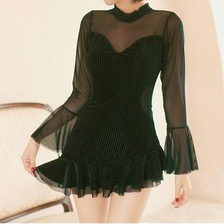 Long-sleeve Keyhole Striped Swimdress