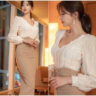 Set: Lace Blouse + High-waist Midi Pencil Skirt