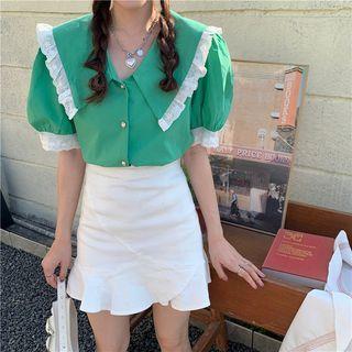 Short-sleeve Peter Pan Collar Lace Trim Shirt